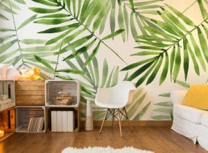 Tropical-leaf-wallpaper-in-living-room