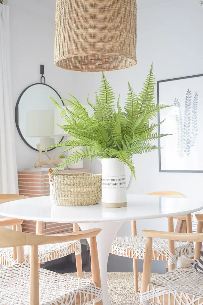 best-faux-fern-stems-pics-large-boho-pitcher-woven-basket-leather-handles-tulip-table-boho-chic-summer-dining-room-wooden-chair-white-leather-seat-3